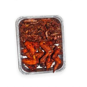 1/2 tray beef suya & 1/2 tray chicken wings