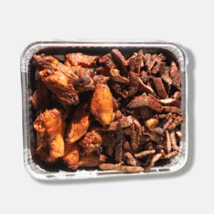 1/2 tray beef suya & 1/2 tray chicken wings